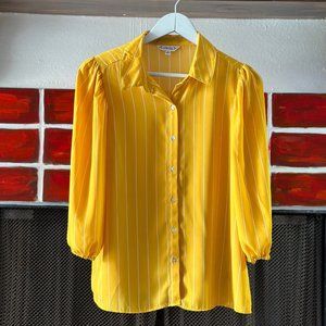 Nanette Lepore Puff 3/4 Sleeves Bright Yellow Stripes Button Up Blouse M